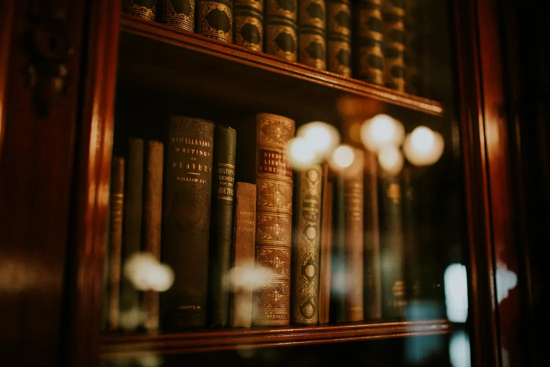 Lombadas de livros antigos encadernados em couro