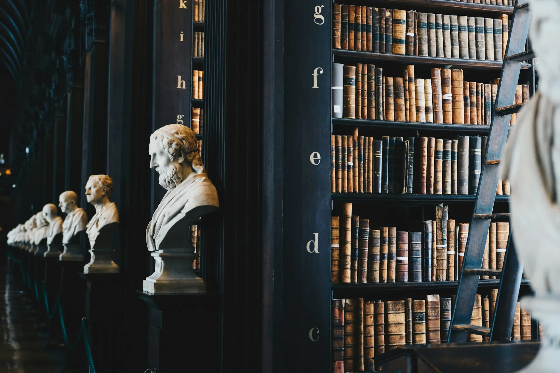 Corredor de biblioteca antiga com bustos de mármore e estantes de livros
